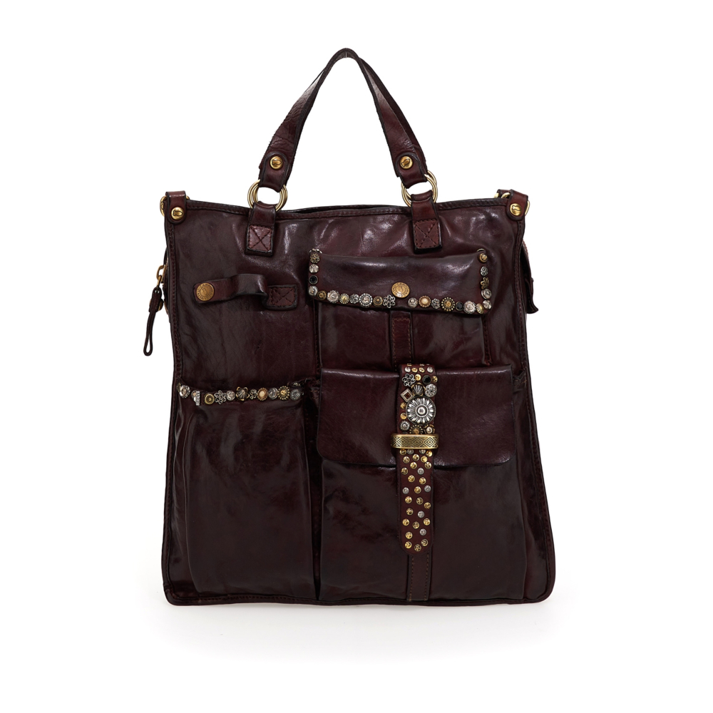Cabas Campomaggi Vintage En Cuir Et Toile - Italie - Noir Et Gris - Très Bon état