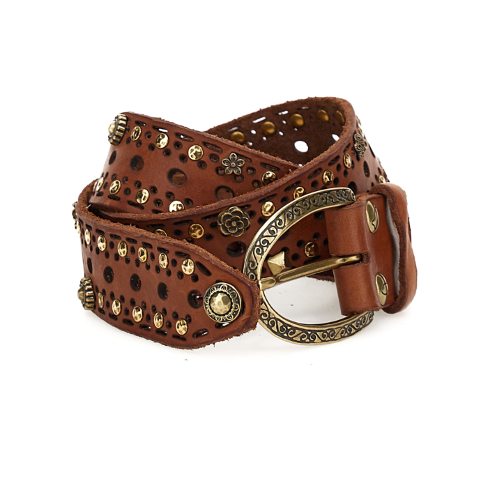 Campomaggi Skyland studded belt in cognac leather. New with tags. Campomaggi Italian Leather Dual Row Studded Belt in  main image 4