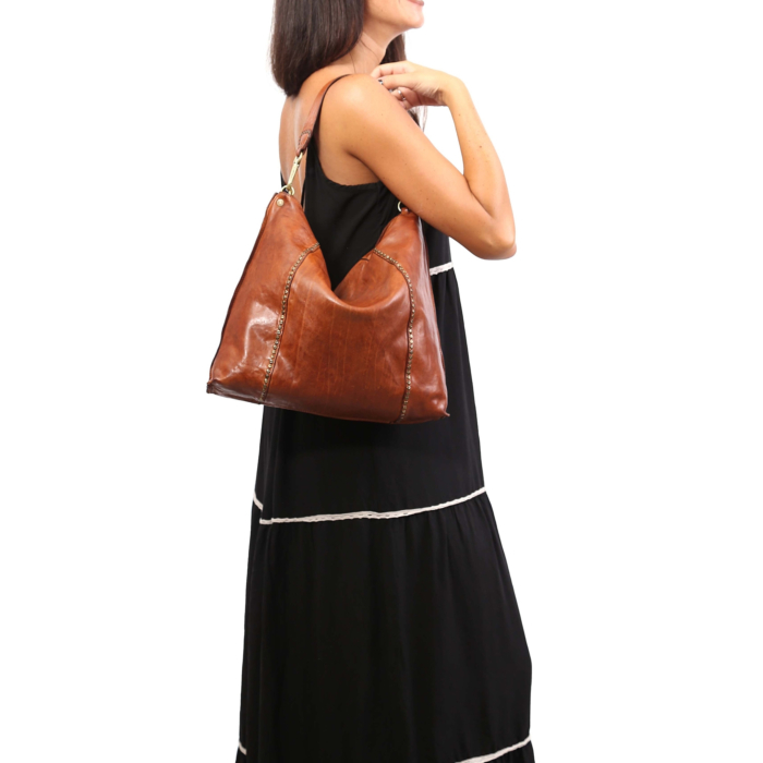 Sac à épaule CAMPOMAGGI Cognac - Cuir Véritable - Mini Bucket Bag - Neuf Avec étiquettes