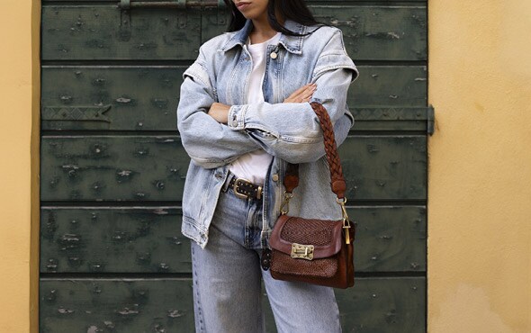 Sac Cabas Campomaggi Genziana - Cuir Et Toile Bleu - Fabriqué à La Main En Italie - Occasion Très Bon État